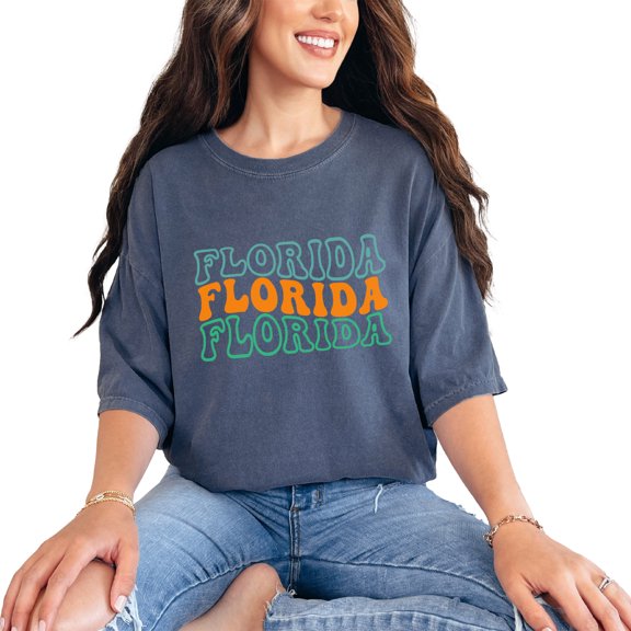 Florida, US State Themed, Groovy Retro Wavy Text, Denim Comfort Colors T-Shirt, Small