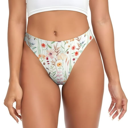 Qokaie Wildflower Watercolor 4 Printed Women s Cotton Thong Underwear  Sexy Breathable Panties G-string-X-Large