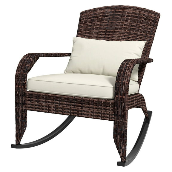 Adirondack Rocking Chair Outdoor Wicker Patio Furniture - Cream White Cushions, High Back, Porch Rocker for Garden, Balcony, Backyard