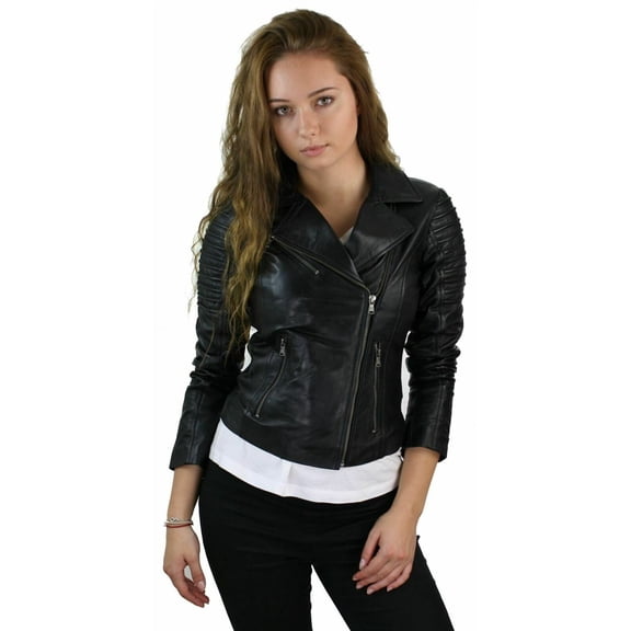 Noora Womens Ladies Real Soft Black Leather Racing Style Biker Jacket NEW L26