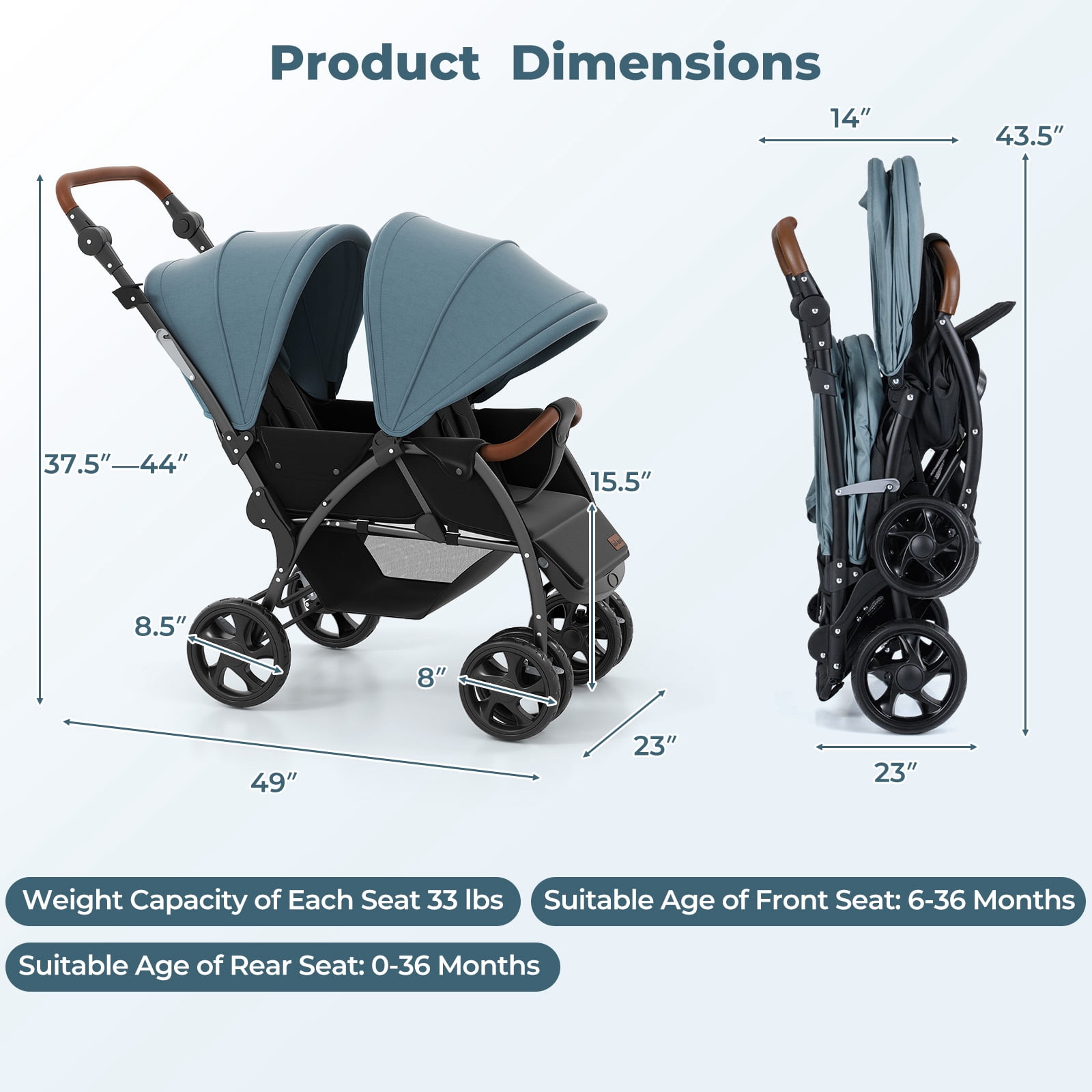INFANS Double Stroller, Foldable Baby Tandem Stroller with Djustable Backrest Canopy Footrest, 5-Point Harness, Storage Basket, Convertible Compact Lightweight Twin Stroller for Infants and Toddlers