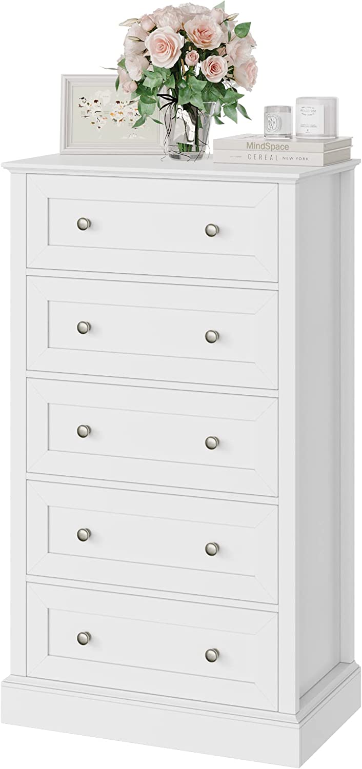 BZFWM 5 Drawer Dresser Tall White Dresser for Bedroom White Chest of