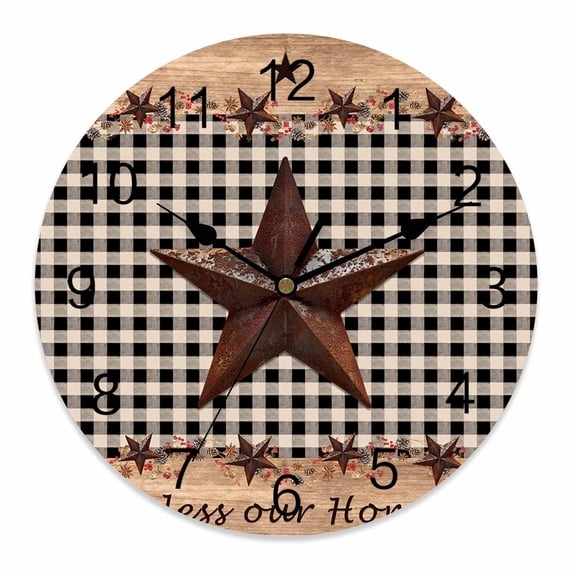 Wall Clock 10 Inch Black Plaid Country Star Round Silent Decorative Wall Clocks Battery Operated for Living Room Bedroom Kitchen Classroom Decor, Farmhouse Wood Texture,Small