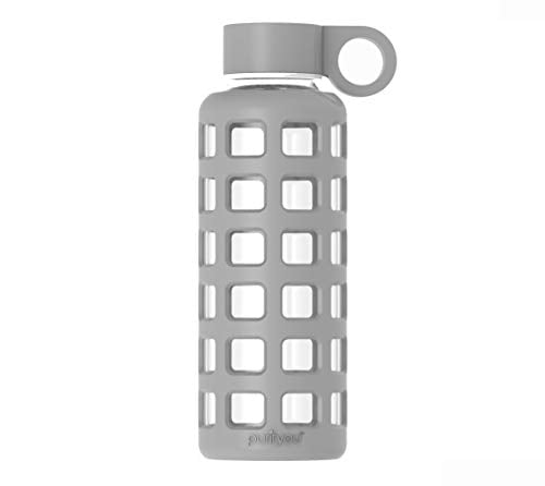 12//22 32 oz purifyou Premium Glass Water Bottle with Non-Slip Silicone Sleeve and Stainless Steel Lid Insert