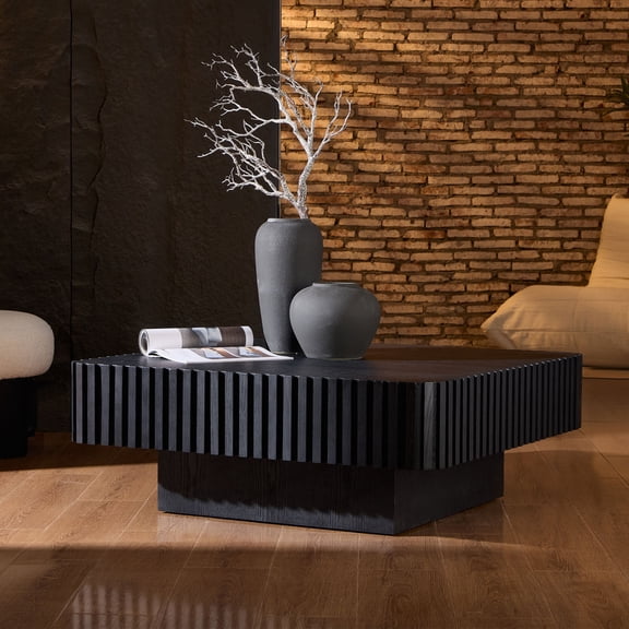 35.43 Inch Modern Handcraft Drum Coffee Table Square Coffee Table for Living Room,Small Wooden Coffee Table with Sturdy MDF Pedesta,Black