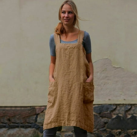

HIMIWAY Dresses for Women 2023 Women Cotton Linen Pinafore Square Cross Apron Garden Work Pinafore Dress Womens Tops Khaki 4XL