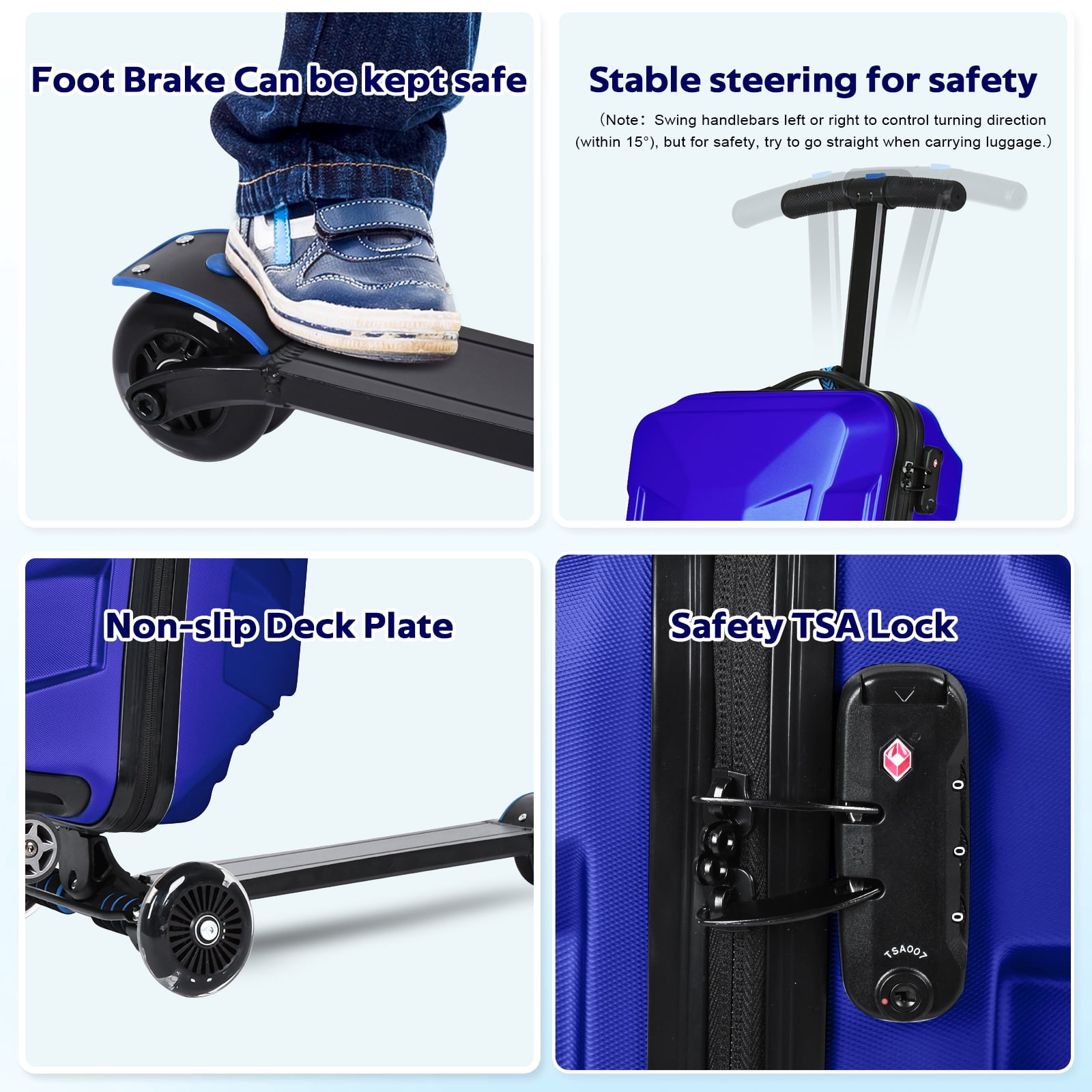 Advwin Scooter Suitcase for Kids & Adults, 3-D Hardshell Ride On Scooter Luggage with LED Light Up Wheels, TSA Lock, Lightweight Foldable Carry On Rideable Suitcase for Children Teenagers, Blue