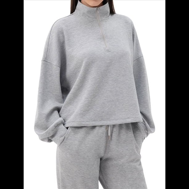 Sudadera Holgada Informal de Modal con Media Cremallera y Cuello Alto para Mujer, Jersey de Larga Popular para Otoño de 2025. Gris XL
