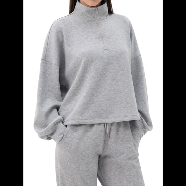 Sudadera Holgada Informal de Modal con Media Cremallera y Cuello Alto para Mujer, Jersey de Larga Popular para Otoño de 2025. Gris L