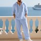 thumbnail image 4 of Ceisia Men's Loose Fit Cotton-Linen 2-Piece Set Hooded Henley Long Sleeve Shirt with Elastic Waist Wide Leg Pants Gifts, 4 of 9