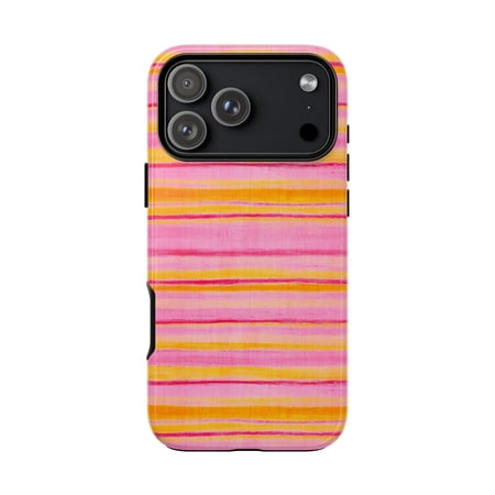 Pink Orange Stripe Tough Phone Case for iPhone 7 to 17 Pro Max, Glossy Shockproof Dual Layer Protective Cover, Colorful Gift for Her
