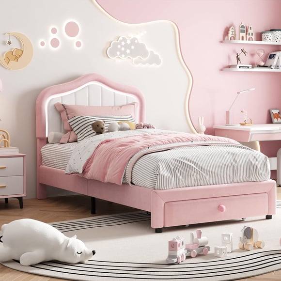 EastVita Twin Upholstered Bed Frame with Storage Drawer and Smart LED Headboard Twin Size Platform Bed Frame for Kids Wooden Slats Support No Box Spring Needed Easy Assembly-Pink White