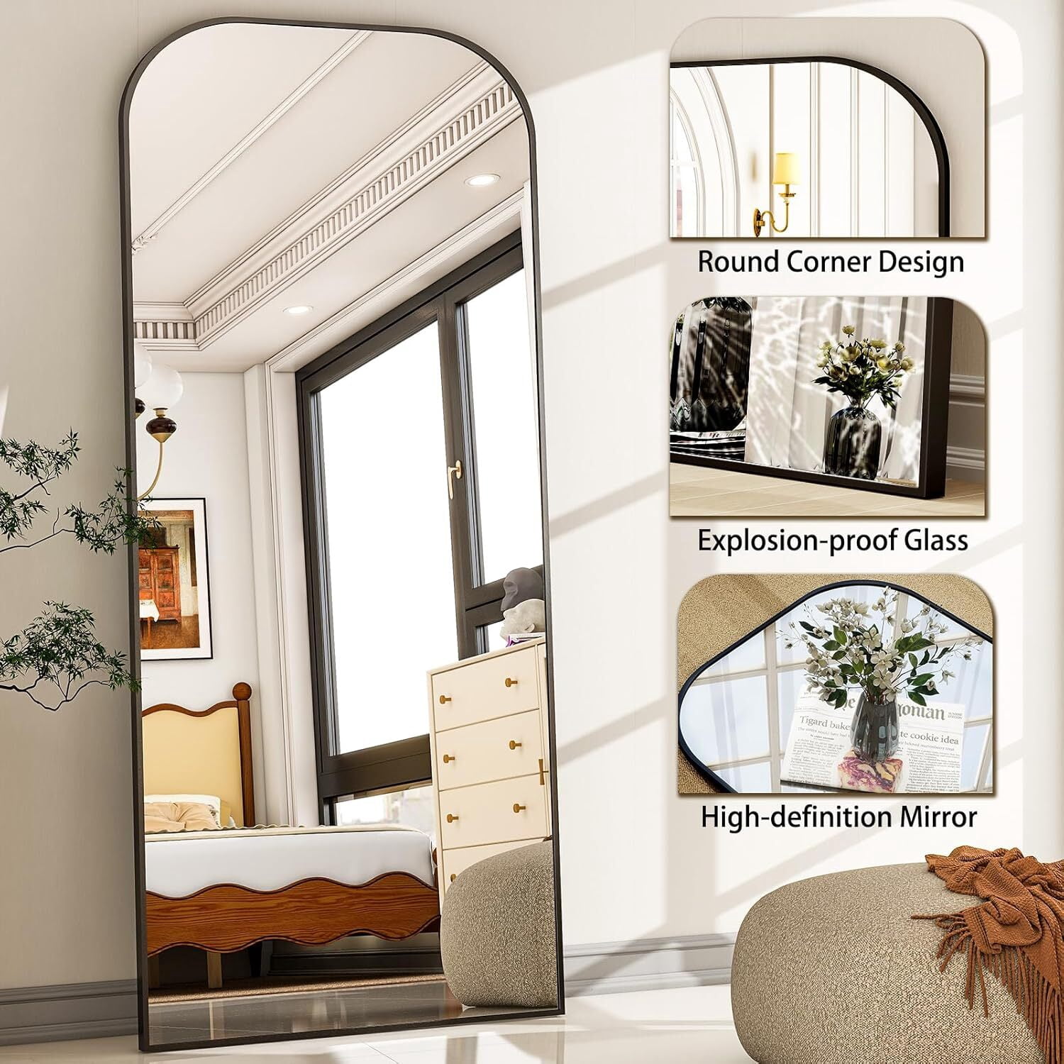 Easy4Home 71"x26" Arched Full Length Mirror Metal Frame Freestanding Mirror Wall-Mounted, Black