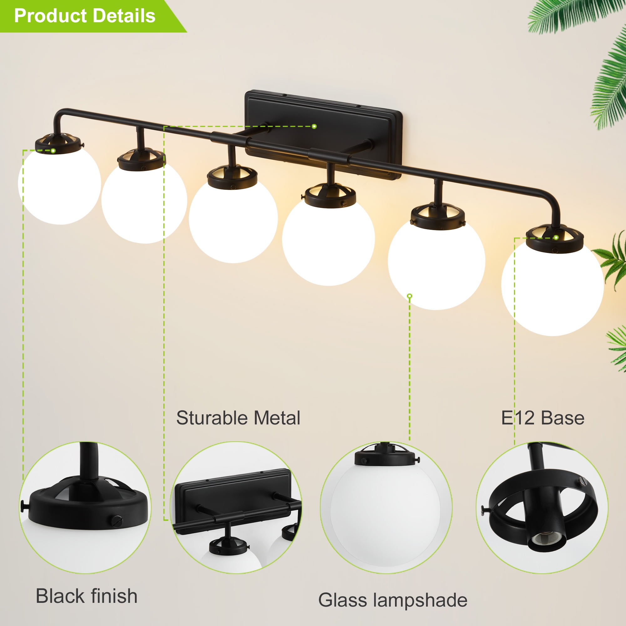 Deyidn 6-Light Modern Vanity Light, Black Bathroom Light Fixture with Milk White Glass Globes, 45 Inch Bathroom Wall Sconce for Mirror