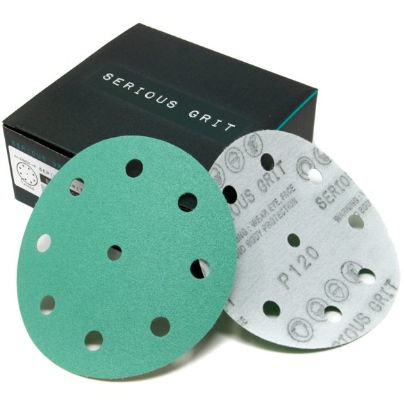 Serious Grit - 5-Inch 9-Hole 120 Grit Sanding Discs - Heavy-Duty Hook & Loop Film Discs - Sandpaper for Random Orbital Sanders - 50 Pack Box