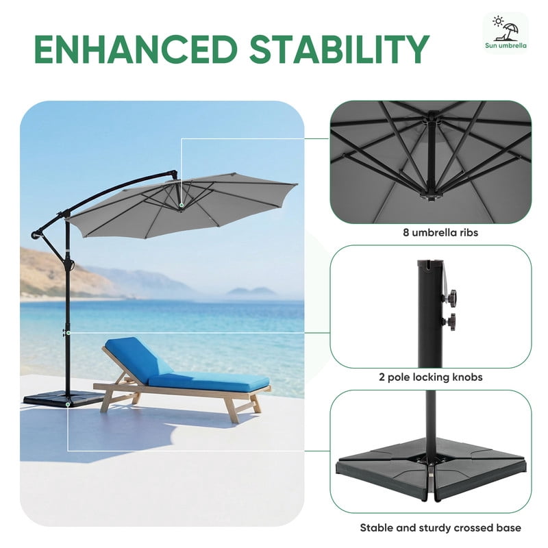 Gianna 10ft Offset Hanging Outdoor Patio Umbrella with Base Stand Rotate and Tilt, 8 Ribs, UV Protection for Pool Garden Backyard Market, Gray