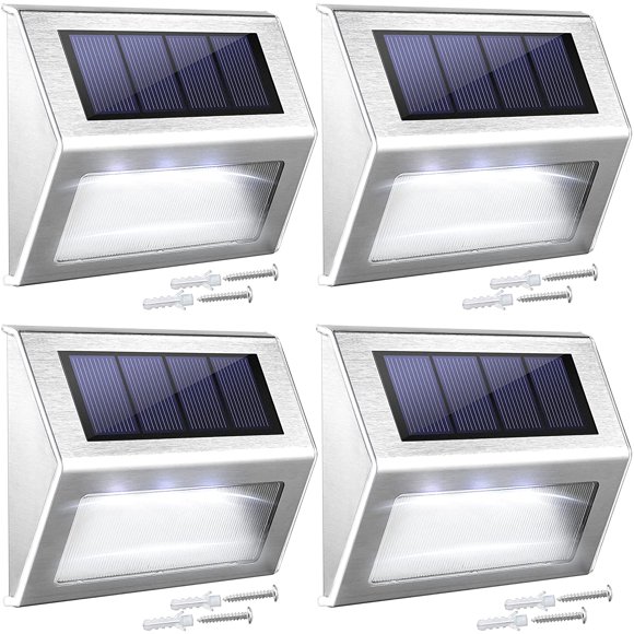 Solar Step Lights with Larger Battery Capacity 4-Pack Stainless Steel Bright 3 LED Solar Powered Deck Lights Weatherproof Outdoor Fence Lighting for Steps Stairs Decks Patio Pathway(White Light)
