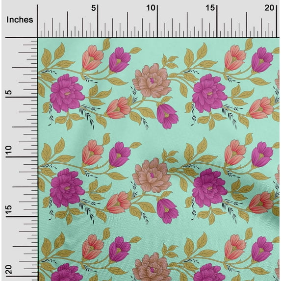 oneOone Cotton Poplin Mint Fabric Leaves & Flowers Floral Sewing Fabric By The Yard Printed Diy Clothing Sewing Supplies 56 Inch Wide