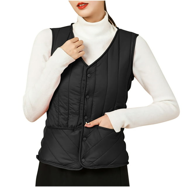 Yuyuzo Winter Waistcoat Vest for Women V Neck Button down Solid Color Cropped Quilted Jackets
