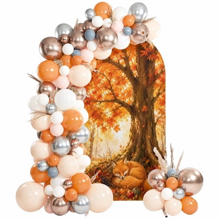 Fall Fox Arch Backdrop Cover 7.2Ft, Wedding Arch Covers Stretchy Backdrop, Retro Country Wildlife Maple Leaves Pumpkins Fitted 2 Sided Arched Photo Background for Birthday Party Decorations