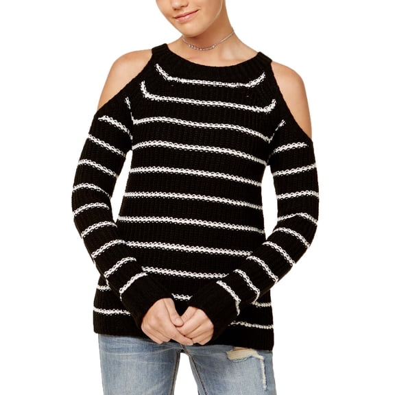 Hippie Rose Juniors' Cold-Shoulder Sweater Black/White Stripe XS