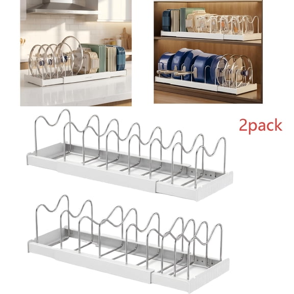 2 Pack Expandable Cabinet Organizer – 22" Pots and Pans Organizer Under Cabinet with 9 Adjustable Dividers, Kitchen Organizers and Storage for Lids & Tupperware, Inside Cabinet Pan Organizer (White)