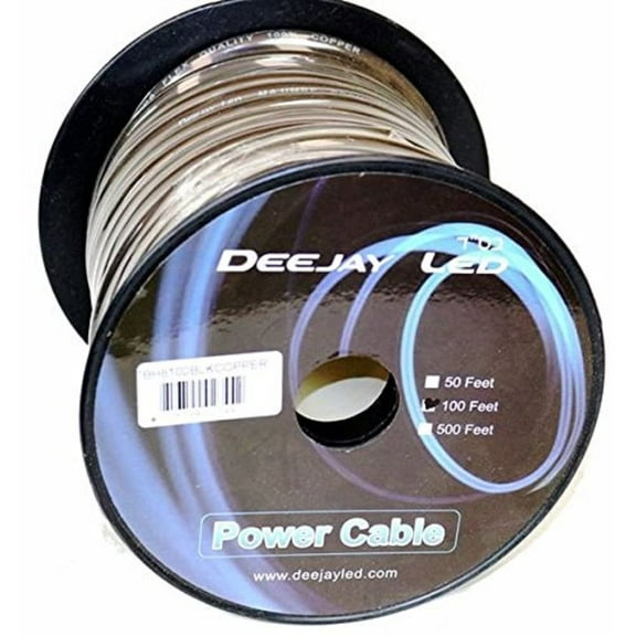 DEEJAYLED Eight-gauge 100 Foot Black Pure Copper Stranded Power Cable Content Oxygen Free Copper Stranded Wire Style With Thick Black Outer Jacket Power Rating DEEJAY LED TBH8100BLKCOPPER