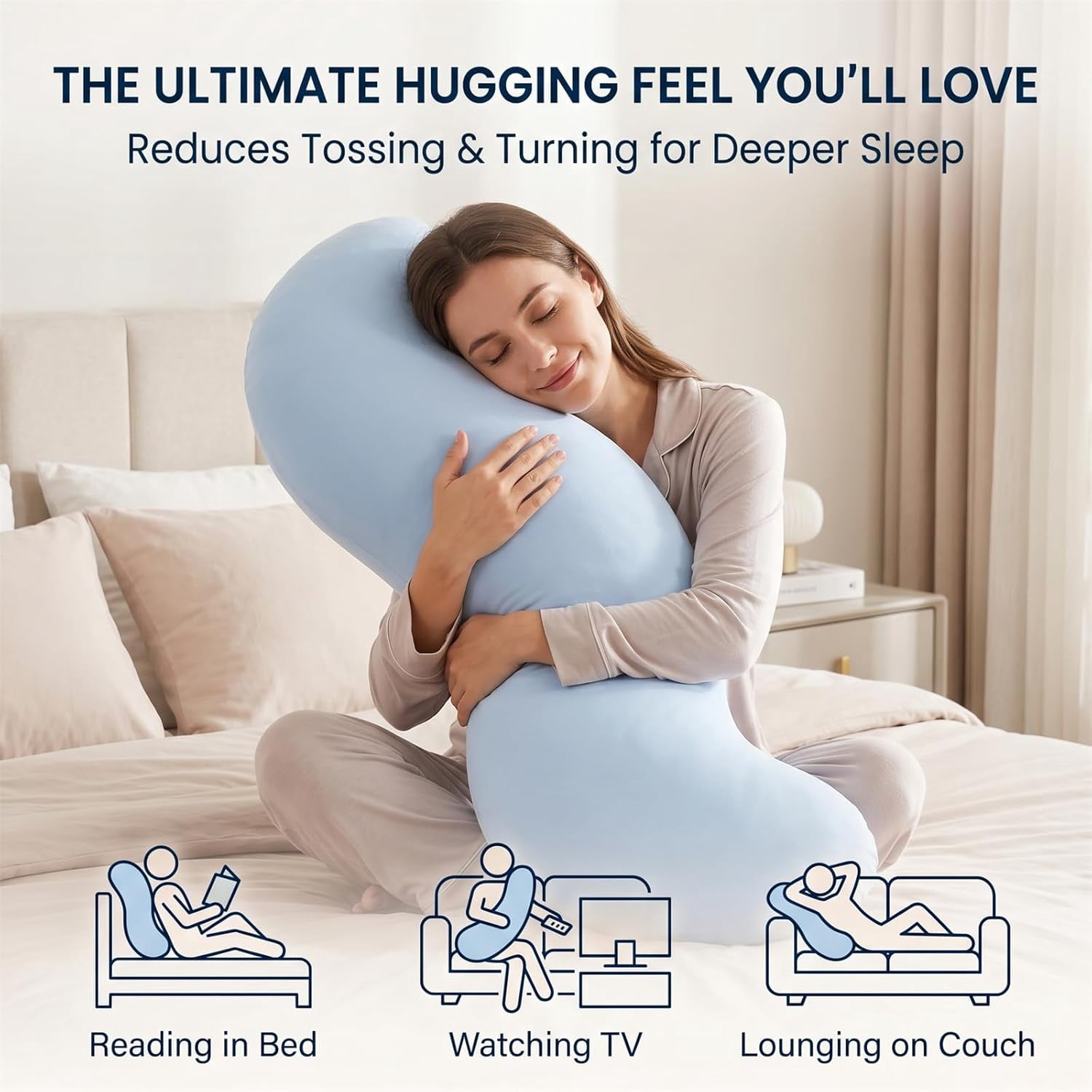 Pea Pod Body Pillow for Side Sleeper,Soft Cooling Long Bolster Hug Pillow,Ergonomic Pea Pod Full Body Pillows for Adults,Curved Sleep Pillows for Back Hip & Leg Support (1, Blue)