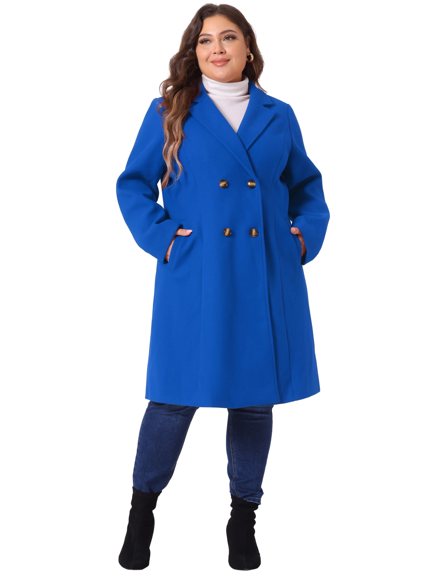 DARING DIVA Women's Plus Size Notched Lapel Warm Double Breasted Coat 2X Royal Blue