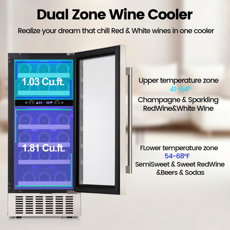 KNDKO 15" Wine Cooler Refrigerator, 28 Bottles Dual Zone Freestanding Fridge with Stainless Steel & Double-Layer Tempered Glass Door