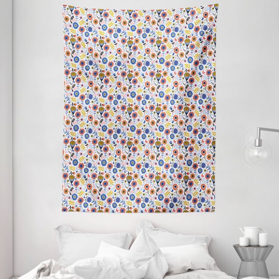 Floral Tapestry, Rhythmic Pattern of Eastern European Style Energetic Arrangement on Plain Background, Wall Hanging for Bedroom Living Room Dorm Decor, 60W X 80L Inches, Multicolor, by Ambesonne