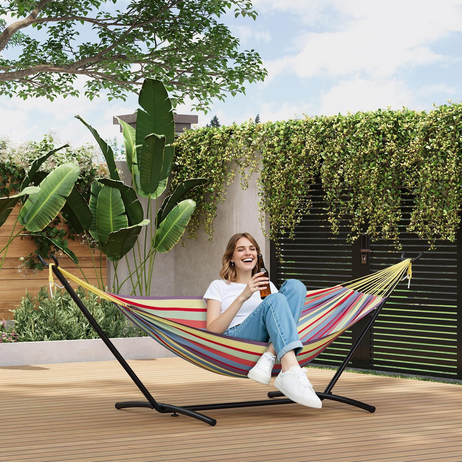 Portable Hammock with Steel Stand - 450 LBS Capacity, Outdoor Camping Hammock Set - Includes Carry Bag & Adjustable Hooks - Yellow Stripe Yellow Rainbow Stripes