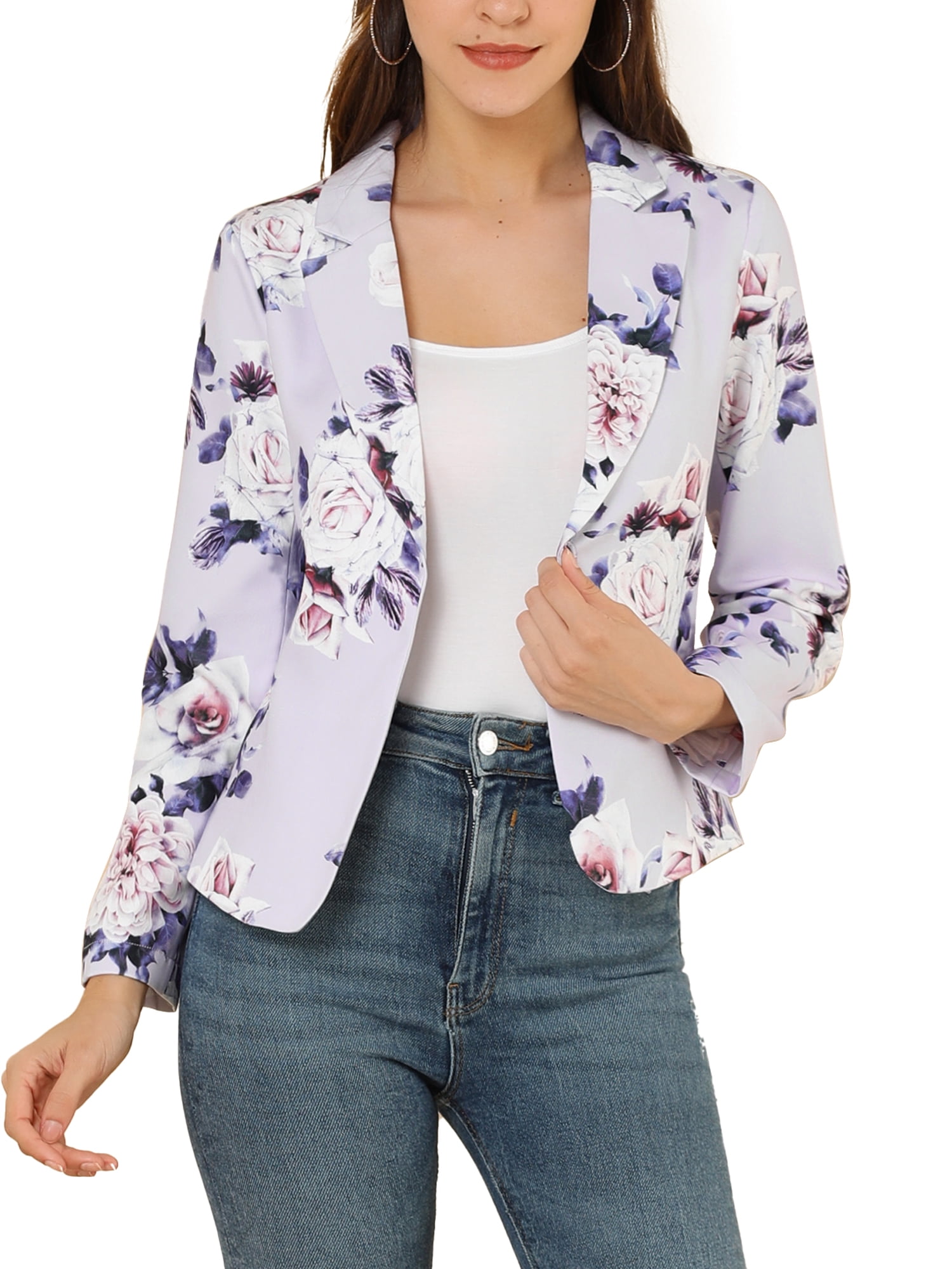 WAWAYA Womens Open Front Office OL Floral Print Fashion Blazer Jackets