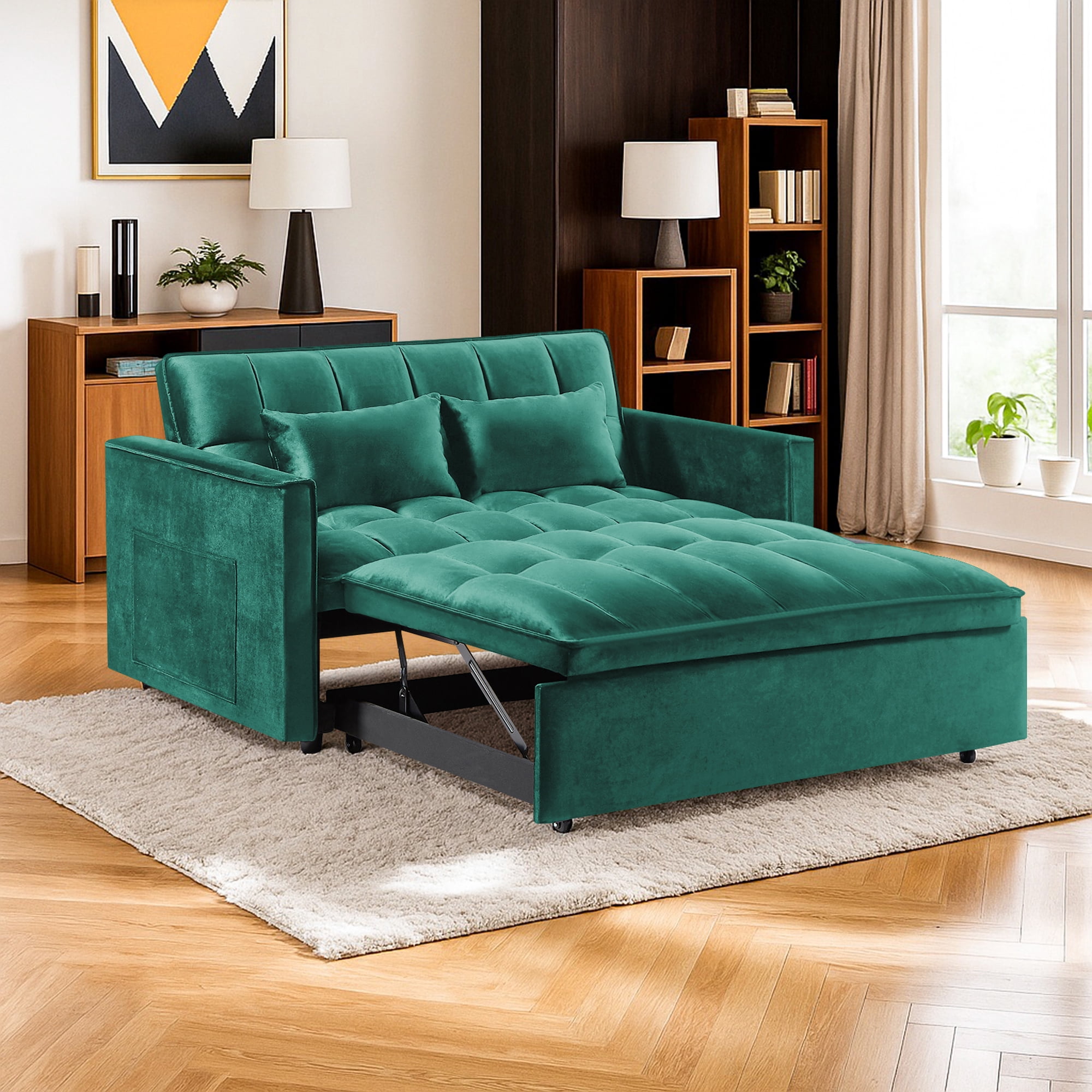 Kadyn Futon Sofa Bed, 54" Adjustable Backrest Convertible Futon Sofa for Living Room, Futon Sleeper Sofa with Side Pouch, Green