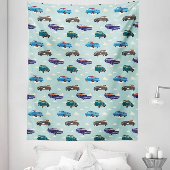 Cars Tapestry, Absurd Design with Vintage Cars in the Air with Clouds Old Vehicles Pattern, Fabric Wall Hanging Decor for Bedroom Living Room Dorm, 5 Sizes, Pale Blue Teal Umber, by Ambesonne