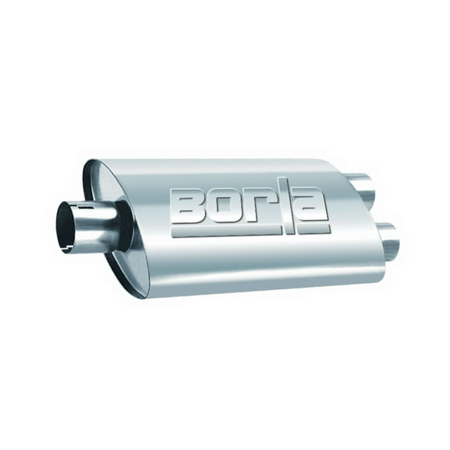 Borla Performance 40670 Exhaust Muffler Pro XS Series 9-1/2 Inch Width X 4 Inch Height T304 Stainless Steel Case; Single 3 Inch Center Inlet; Dual 2-1/4 Inch Outlet; 19 Inch Body/24 Overall Length