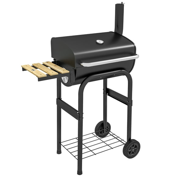 Outsunny Charcoal Barbecue Grill, BBQ with Thermometer, Shelves and Wheels