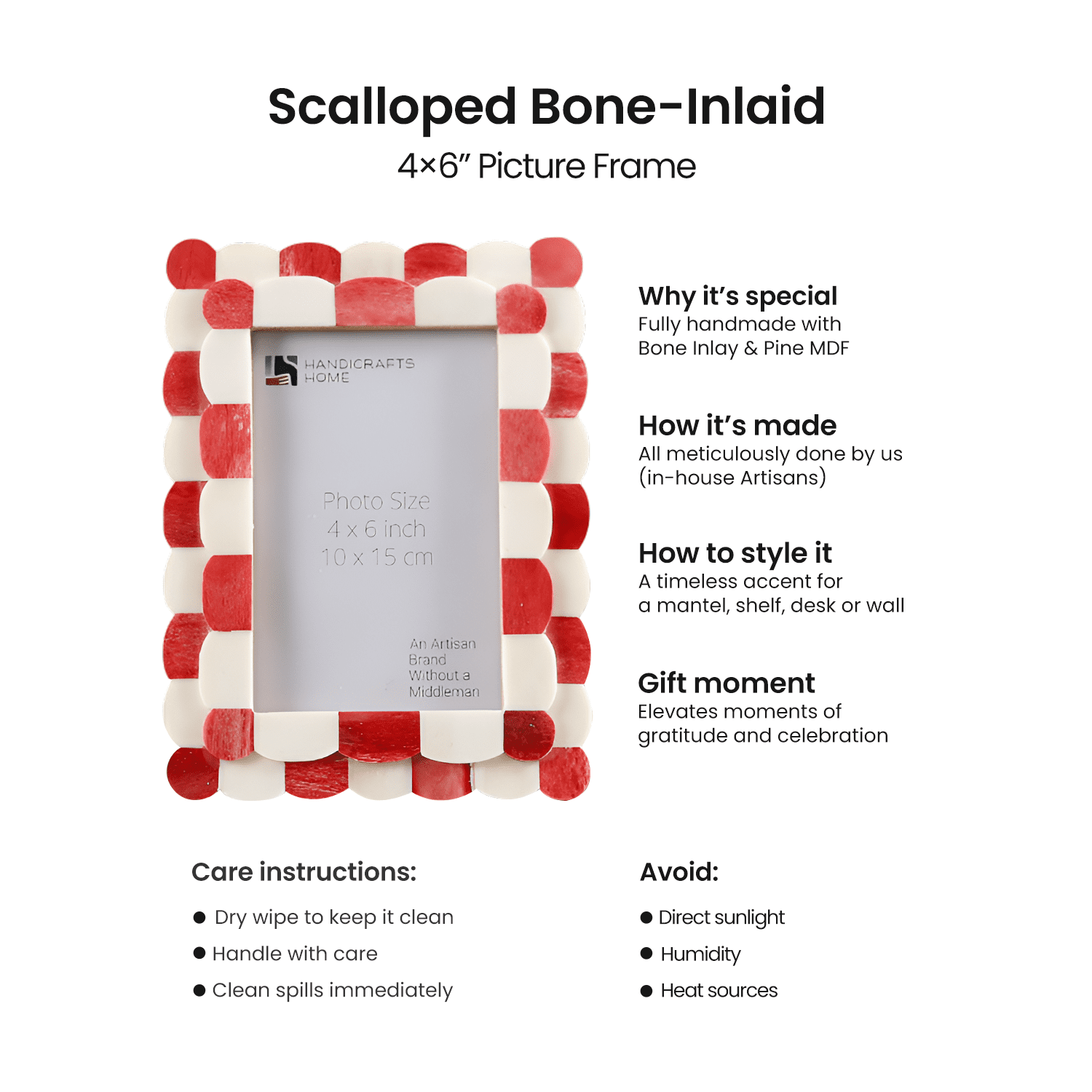 Handicrafts Home 4 by 6 Picture Frame, Red White Handmade Scallop pattern Bone inlay Photo Frame for Wall & Tabletop, Farmhouse Vintage Home Decor, Gallery Wall & Desk Decor, Family Picture Frame