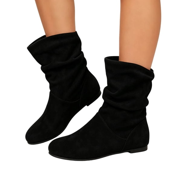 Womens Mid Calf Boots Slouch Ruched Booties Low Heel Round Toe Casual Fall Winter Fashion Comfortable Shoes Black 7