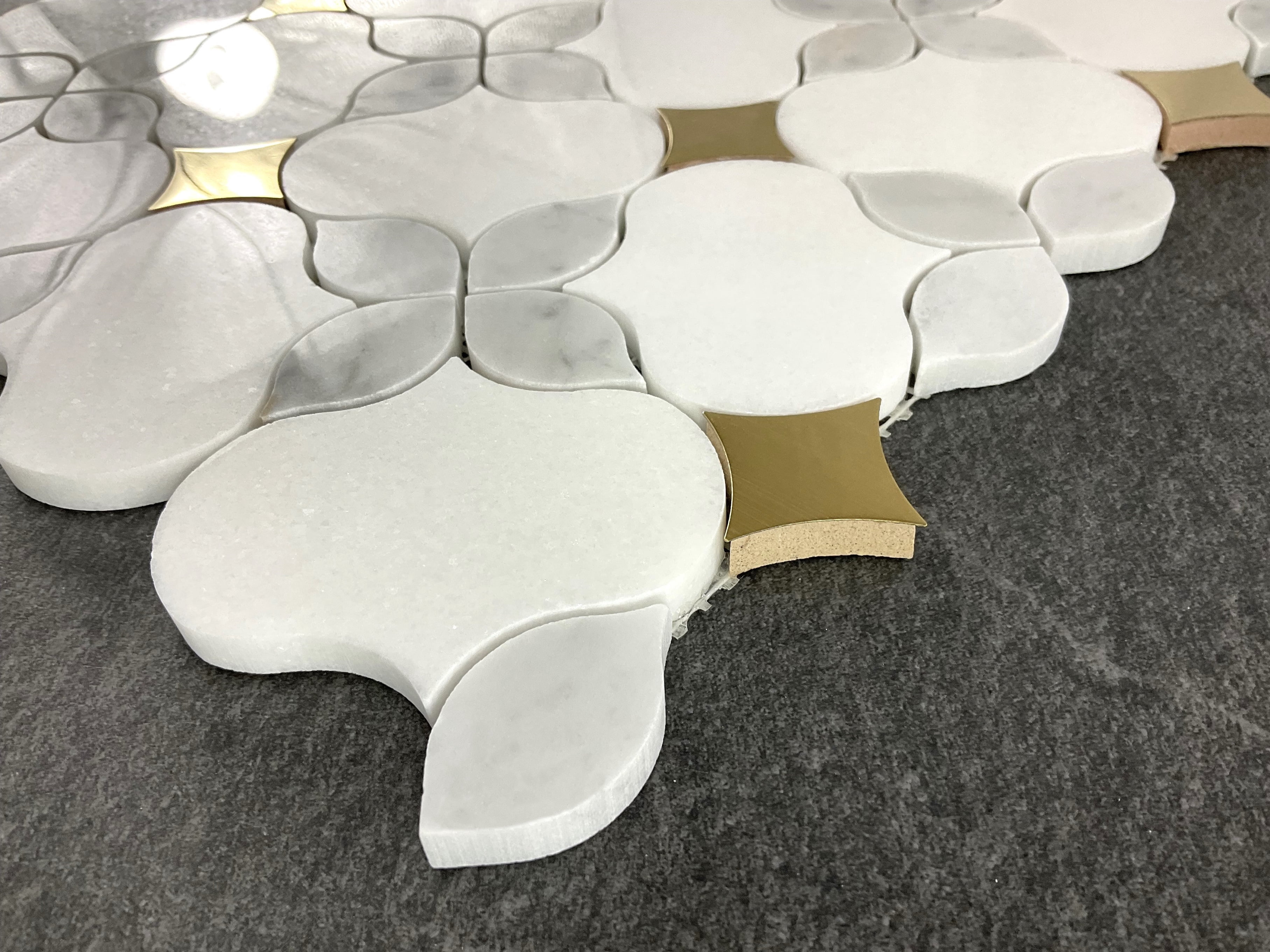 Waterjet Thassos White Marble & Gold Metal Floral Novelty Mosaic Wall & Floor Tile - Case (10 Sheets)