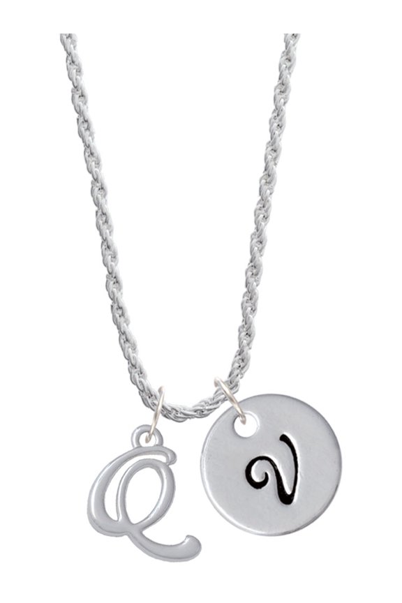 Silvertone Small Gelato Script Initial - Q - Silvertone Script Initial Disc - V - Charm Necklace, 20"+3"