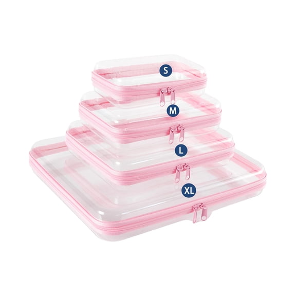 4 PCS Clear Hard Shell Zipper Storage Bags, Waterproof Travel Toiletry Cosmetic Organizer, Transparent Hard Makeup Carry on Pouches in S/M/L/XL Multi Sizes for Vacation & Daily Storage
