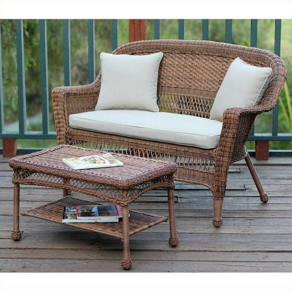 Jeco Wicker Patio Love Seat and Coffee Table Set in Honey without Cushion