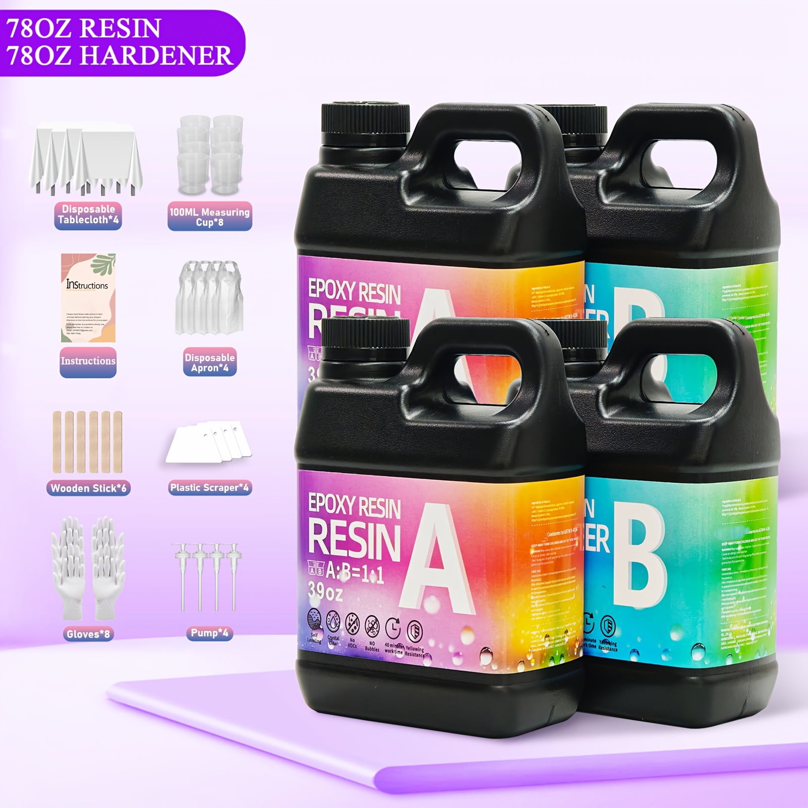 Epoxy Resin Kit 156OZ，Newly Formulated Crystal Clear Epoxy Resin, Strong, Bubble-Free, Anti-Yellowing Art Resin That, Suitable for Casting, DIY, Molds, Jewelry, Easy to Mix 1:1 Ratio