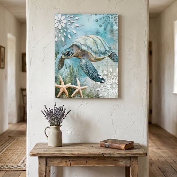 Ships Next Day Canvas Wall Art 24"x36",Sea Turtle Coastal Wood Framed Canvas Print Painting,Summer Beach Teal Coral Starfish Ready to Hang Large Picture Wall Decor for Home Bedroom Living Room Office