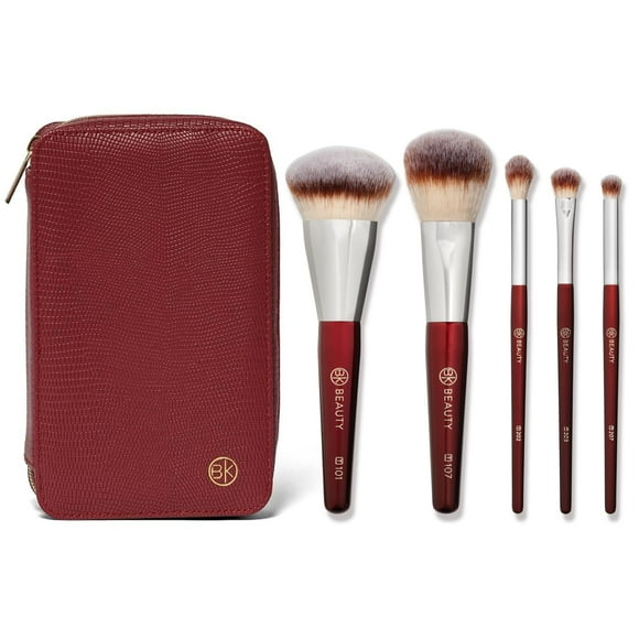 Bk Beauty Juego De Brochas De Viaje Con Bolsa De 5 Piezas, Brochas Veganas Y Sin Crueldad Para Rostro Y Ojos | Brochas De Maquillaje Ligeras Y Duraderas En Estuche De Cuero Vegano Juego De Brochas De