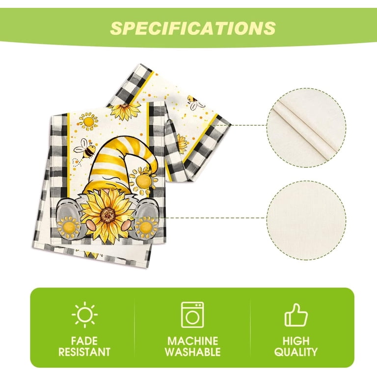 Summer Bee Gnome Sunflower Table Runner - 13x72 Inch, Black White Check Plaid, Linen Fabric