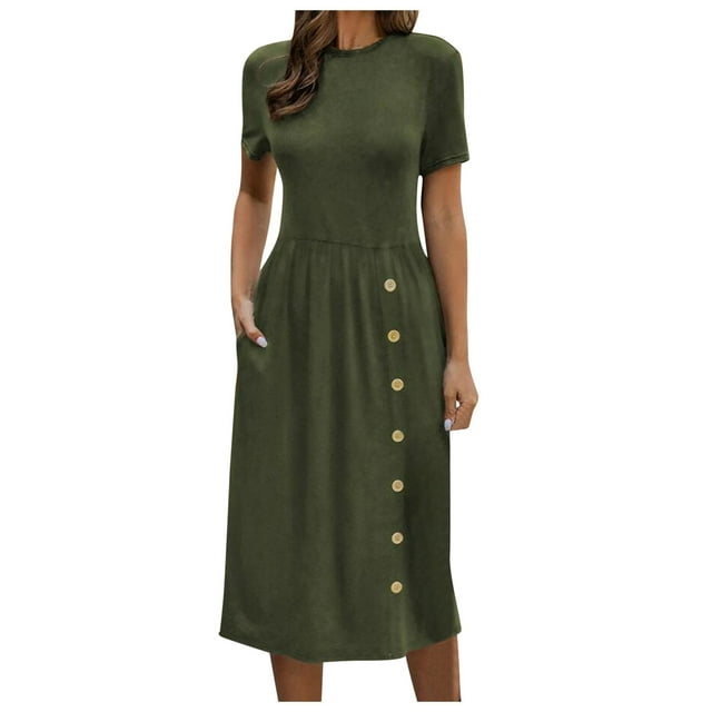 B91xZ Robes à Manches Courtes Décontractées pour Femmes Robe Taille Empire à Manches Courtes Robes Midi Décontractées d'Été, Vert S