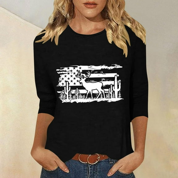 GaThRRgYP Womens Tops Long Sleeve Sweatshirts,Plus Size Tops Long Sleeve,Women's New 3/4 Sleeve Western Style Printed Casual Top T-shirt Black M