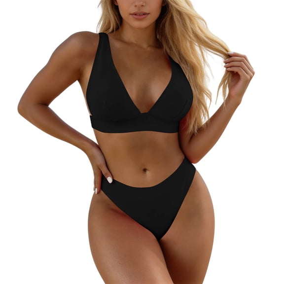 Womens V-Neck Bikini Set with Adjustable Straps, Push up Tops High Waist High Cut Bottom, 2-Piece Swimwear for Beach Travel Black Bikini with Shorts M